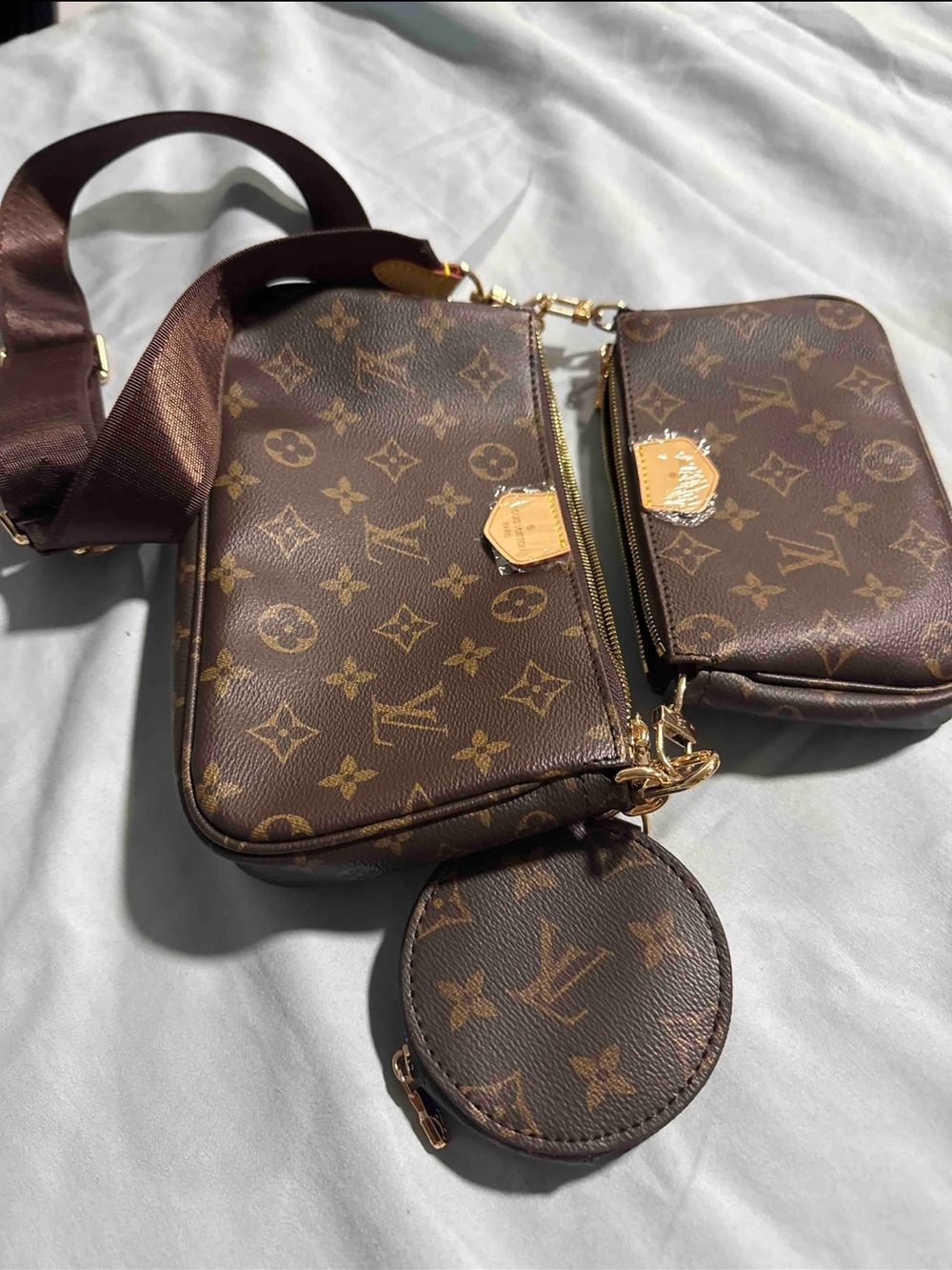 Brown Monogram-Inspired Triple Pouch Crossbody with Gold Hardware - Picture 4 of 5